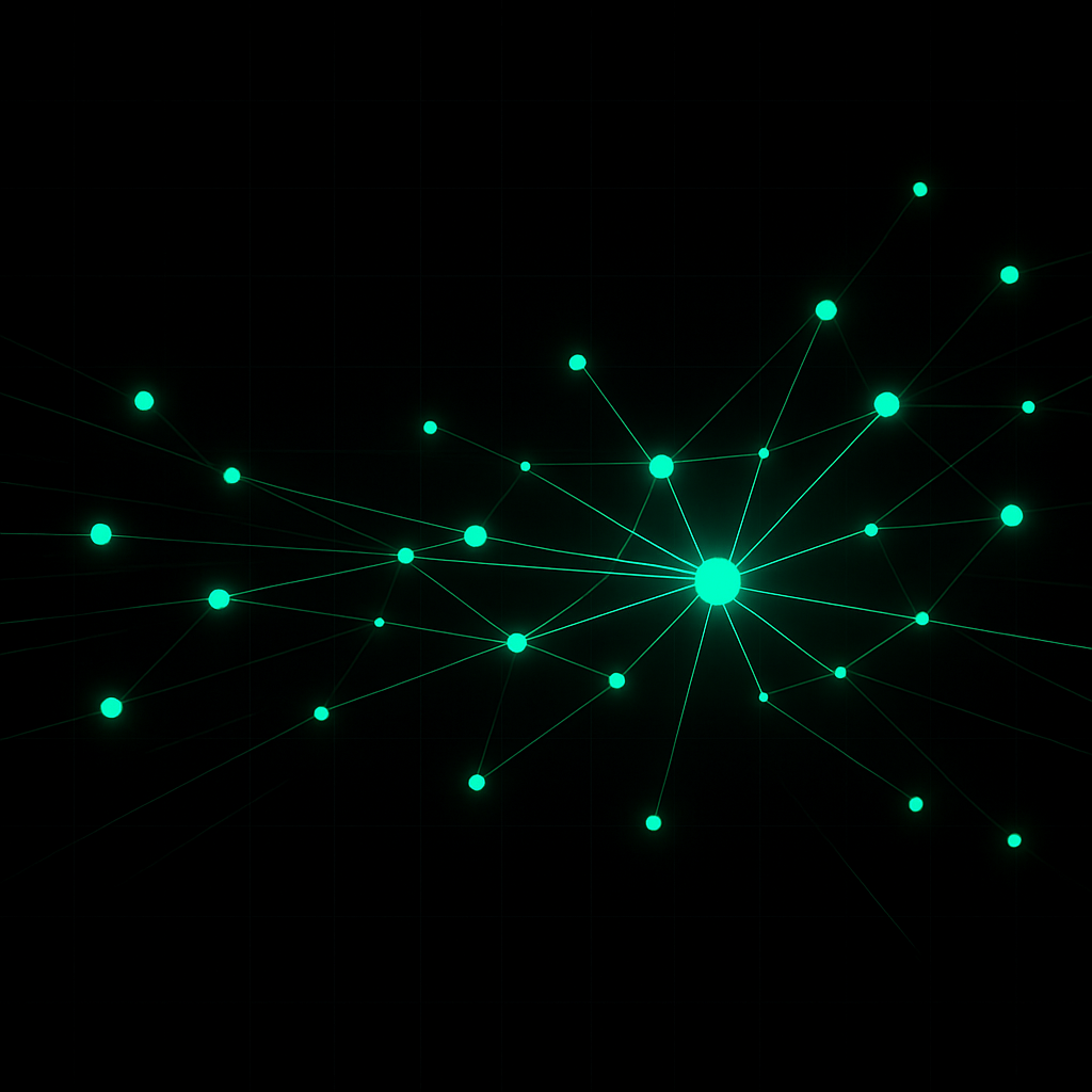 Emerald neural network node graph glowing on black